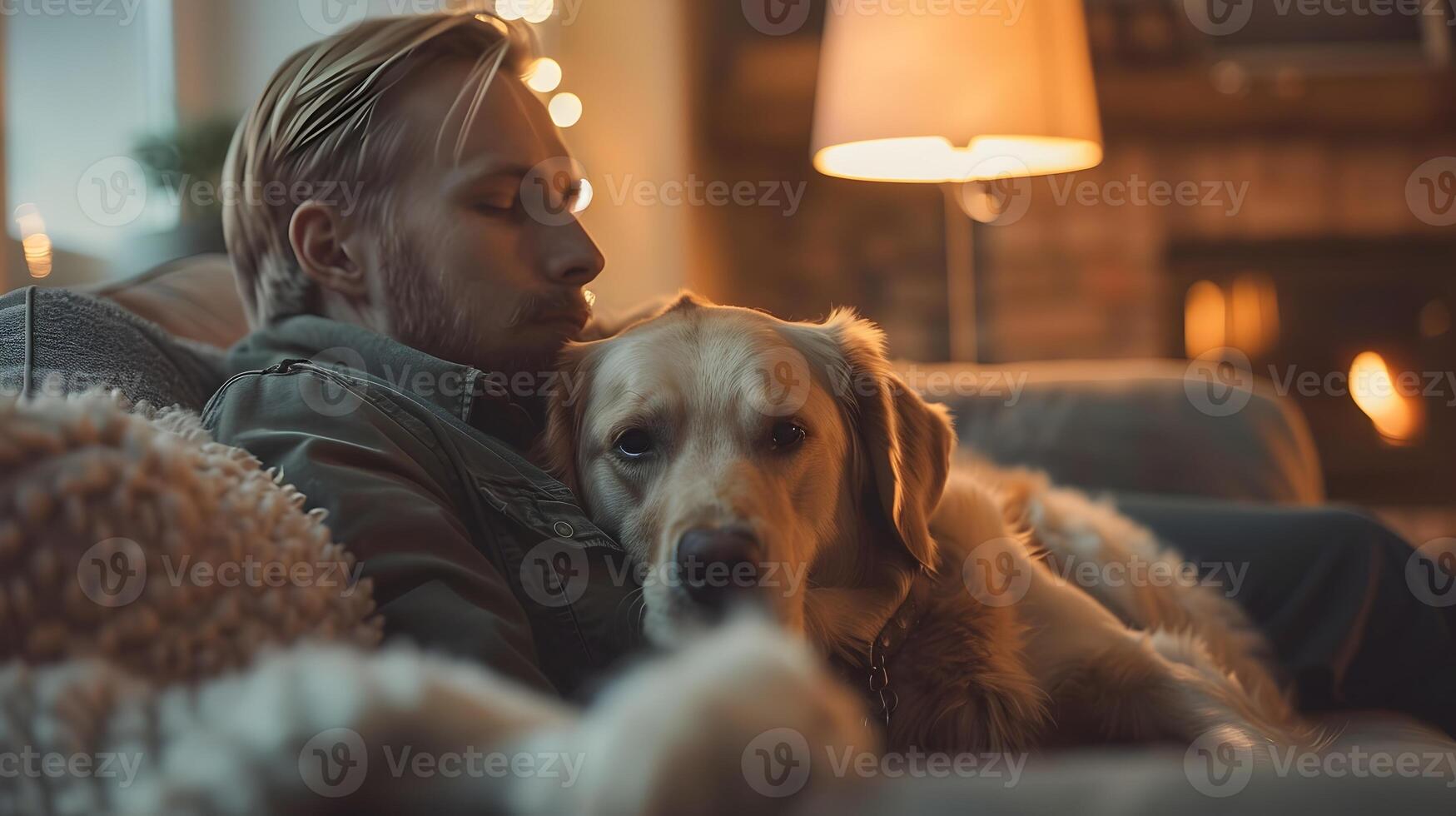 knus moment van uitstel en gezelschap tussen freelancer en hun loyaal hoektand metgezel in uitnodigend leven kamer instelling foto