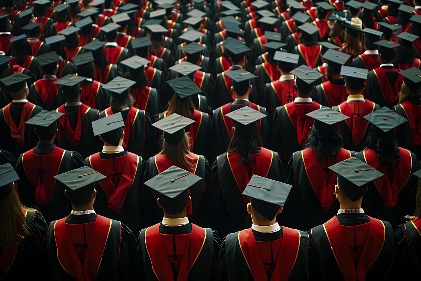 rijen van afgestudeerden vieren voltooiing van academisch studies in plechtig diploma uitreiking ceremonie foto