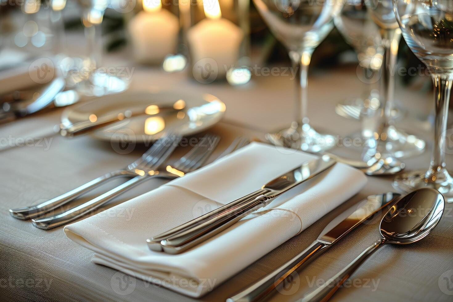 een avondeten bord en bestek voor een bruiloft Bij een luxe hotel reclame voedsel fotografie foto