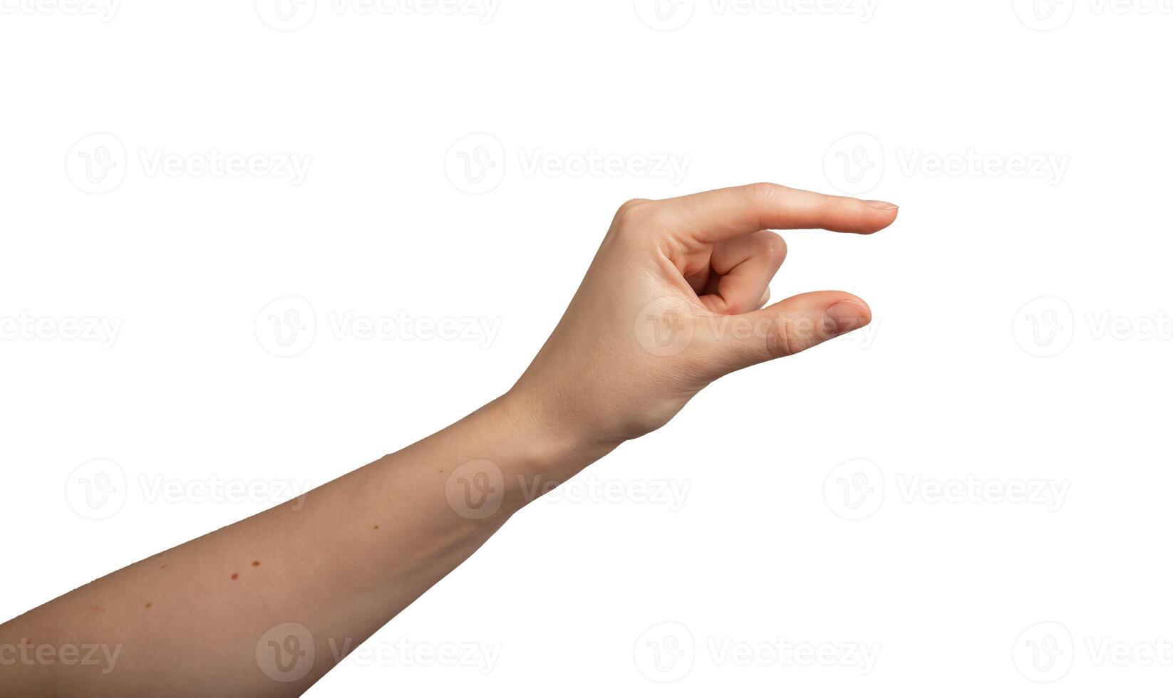 hand- gebaar concept. vrouw arm tonen teken, geïsoleerd icoon van onzichtbaar voorwerp. weinig duim foto