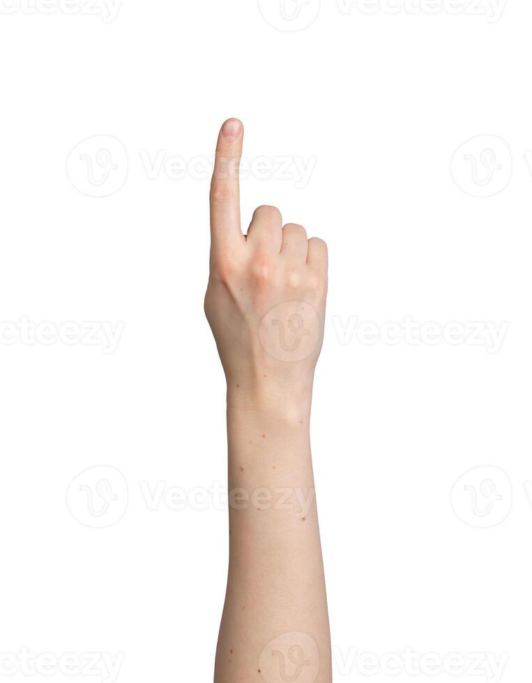 vinger laten zien, wijzend op omhoog, hand- gebaar geïsoleerd Aan wit achtergrond foto
