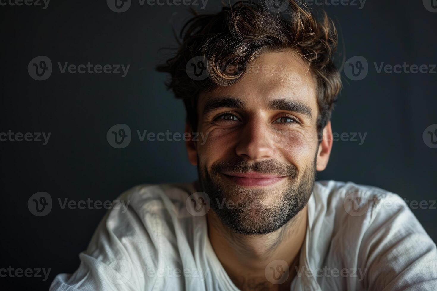 portret van knap glimlachen Mens tegen donker achtergrond. foto