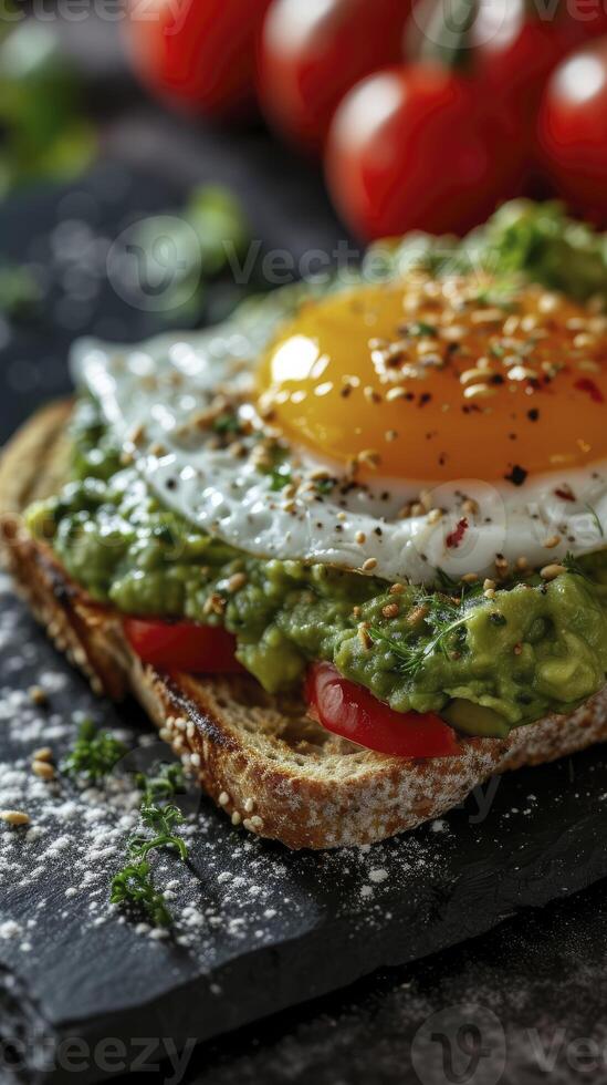 een macro foto van geroosterd brood versierd met guacamole en een perfect gebakken ei, bedoeld voor de aanlokkelijk Scherm Aan een restaurant menu.