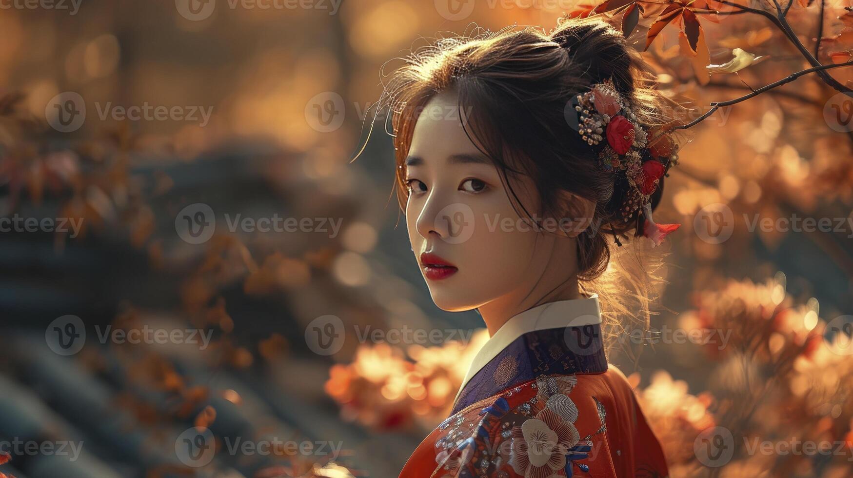 een Koreaans vrouw heeft een mooi hoor kapsel met hoog kwaliteit mode fotografie van modieus kleren foto