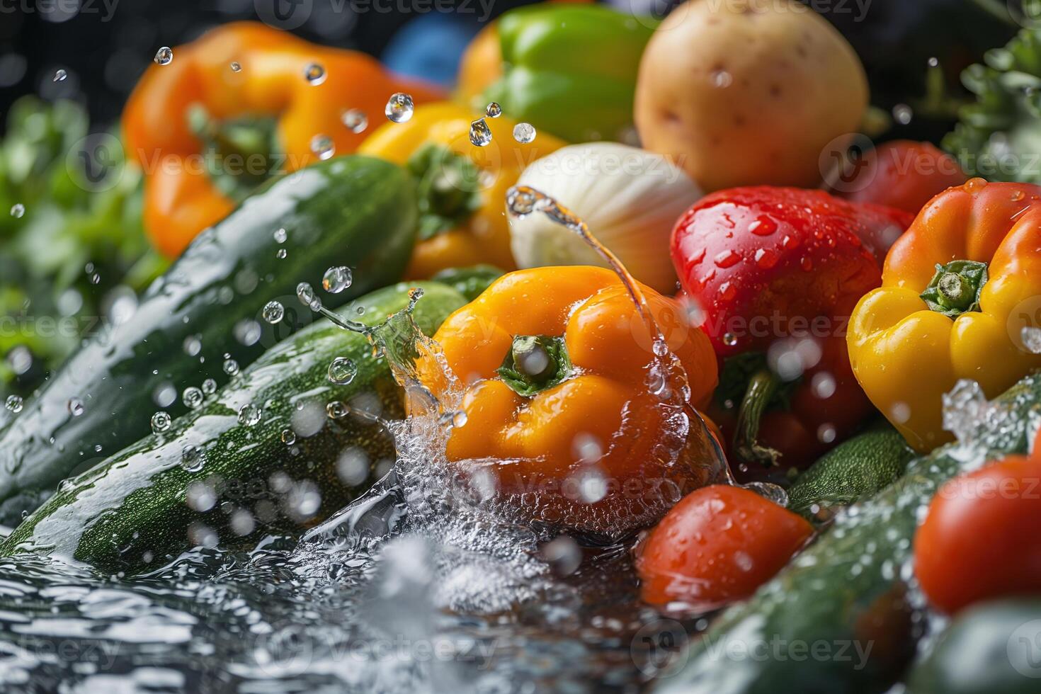 geassorteerd vers groenten met spatten water, markeren de versheid en levendig kleuren Aan een donker achtergrond foto