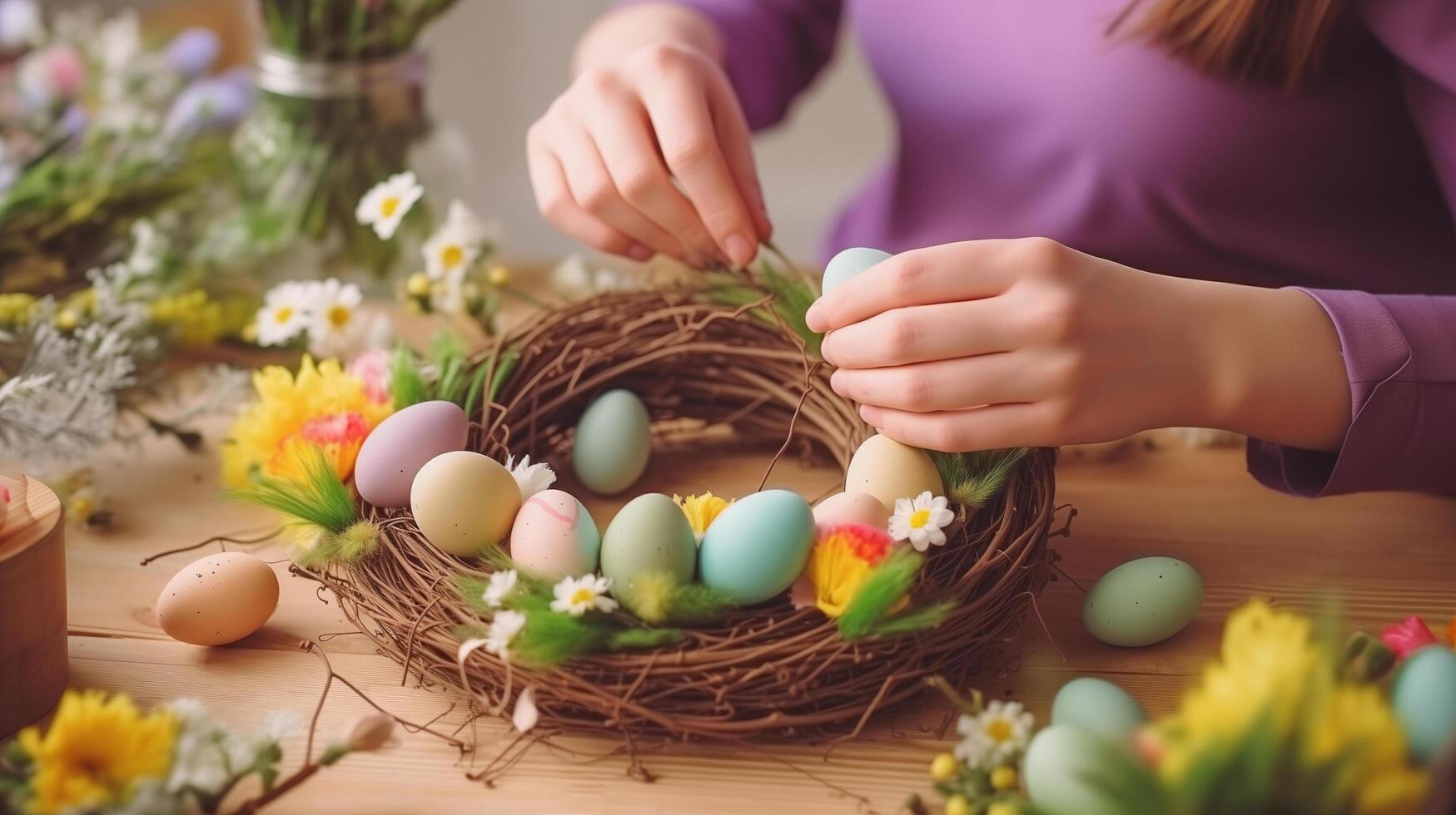 vrouw decoreren Pasen eieren met bloemen en bladeren foto