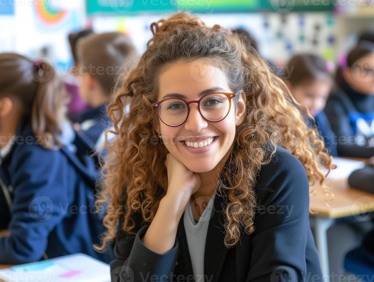 portret van glimlachen vrouw leraar met bril in een klas foto