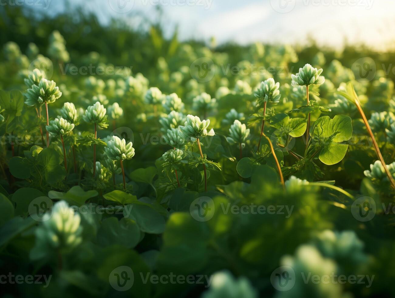 zee van groen Klaver verlichte door de instelling zon in een vredig veld- foto