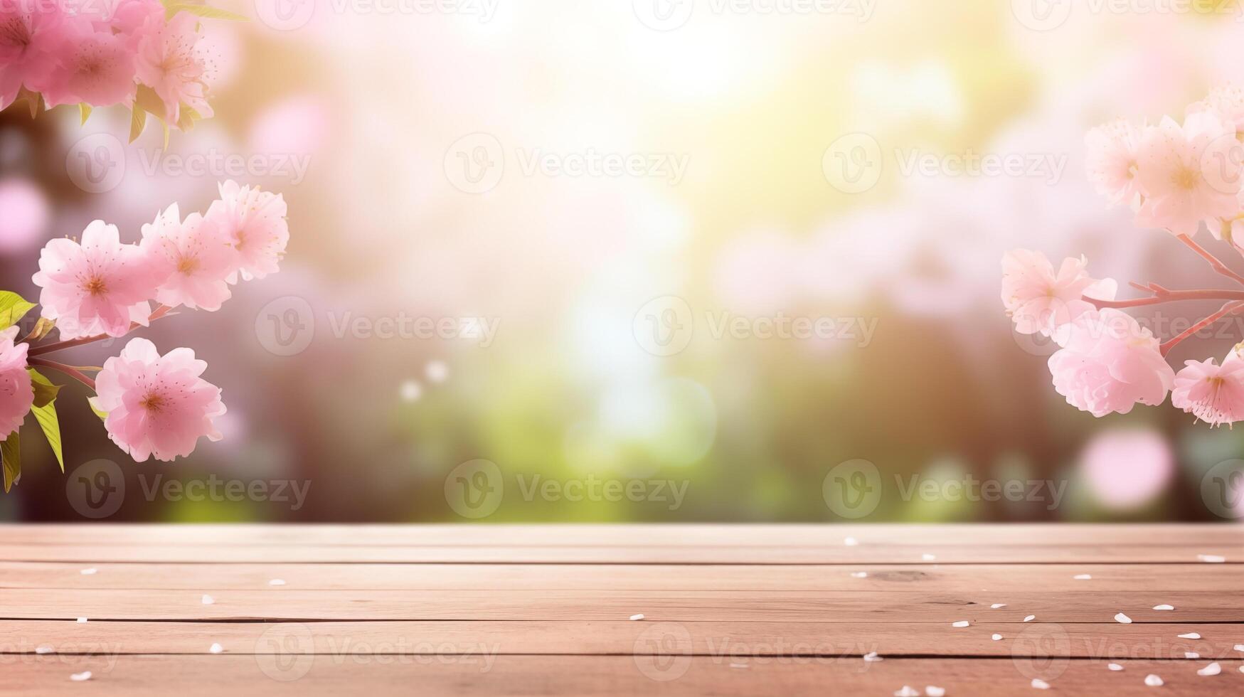 houten tafel achtergrond met kopiëren ruimte en een dromerig kers bloesem bedekking foto