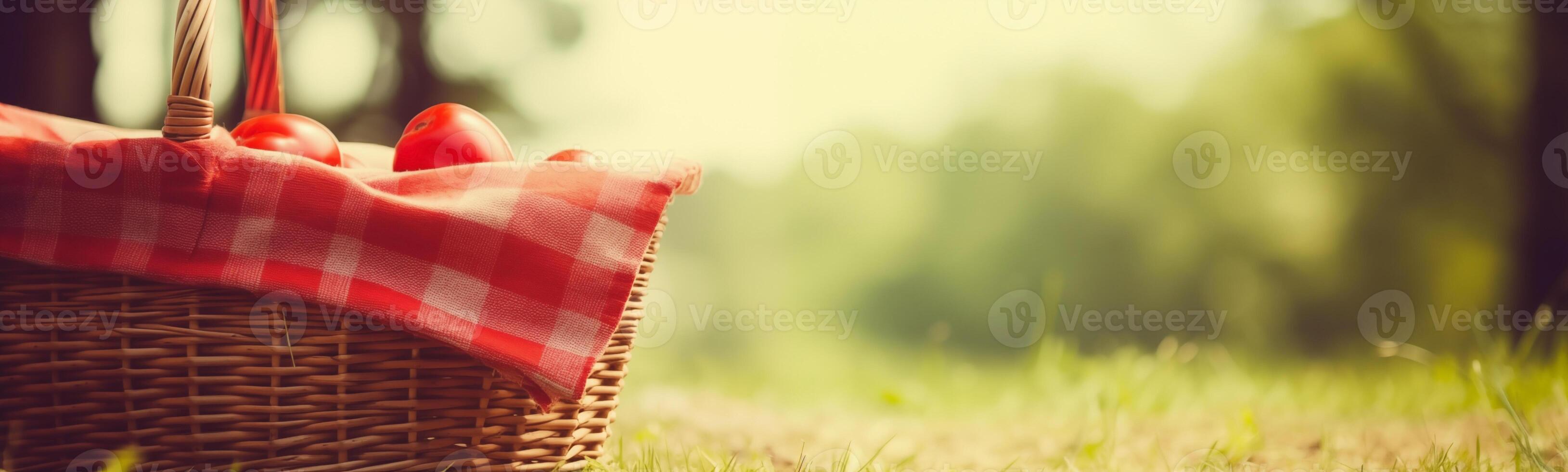 zomer picknick banier met rieten mand Aan weelderig gras foto