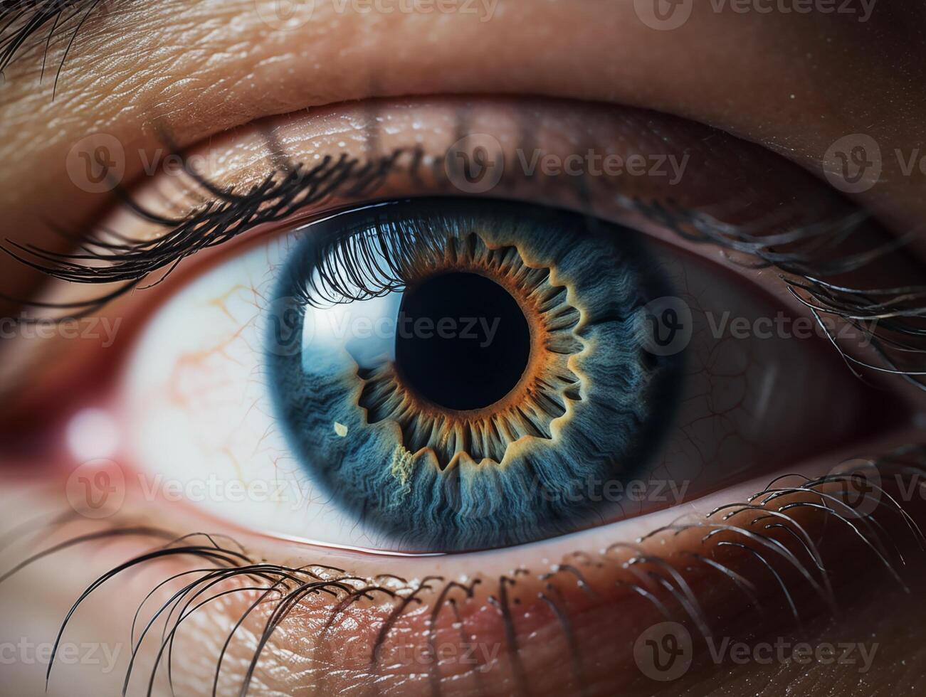 macro visie van een menselijk oog met blauw en geel iris details foto