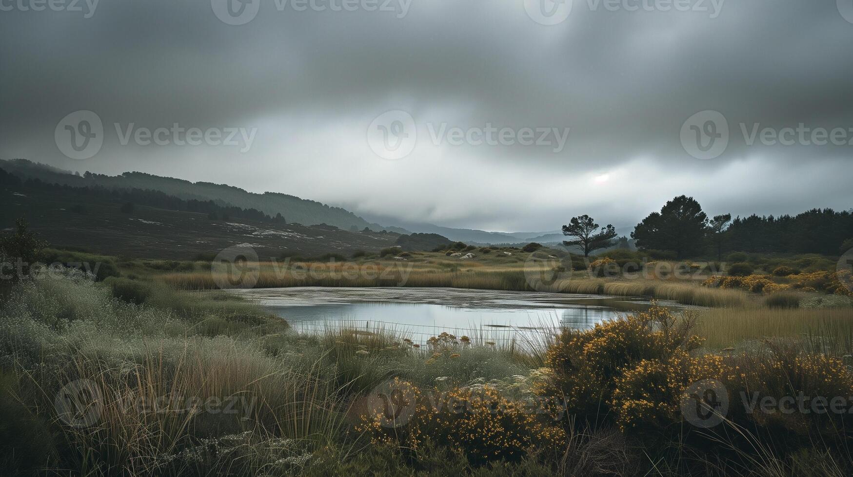 bewolkt wetland landschap met reflecterende vijver te midden van met gras begroeid duinen foto
