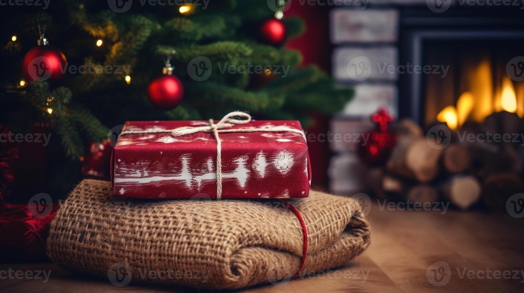 Kerstmis cadeaus detailopname Aan de achtergrond van een knus interieur met een Kerstmis boom foto