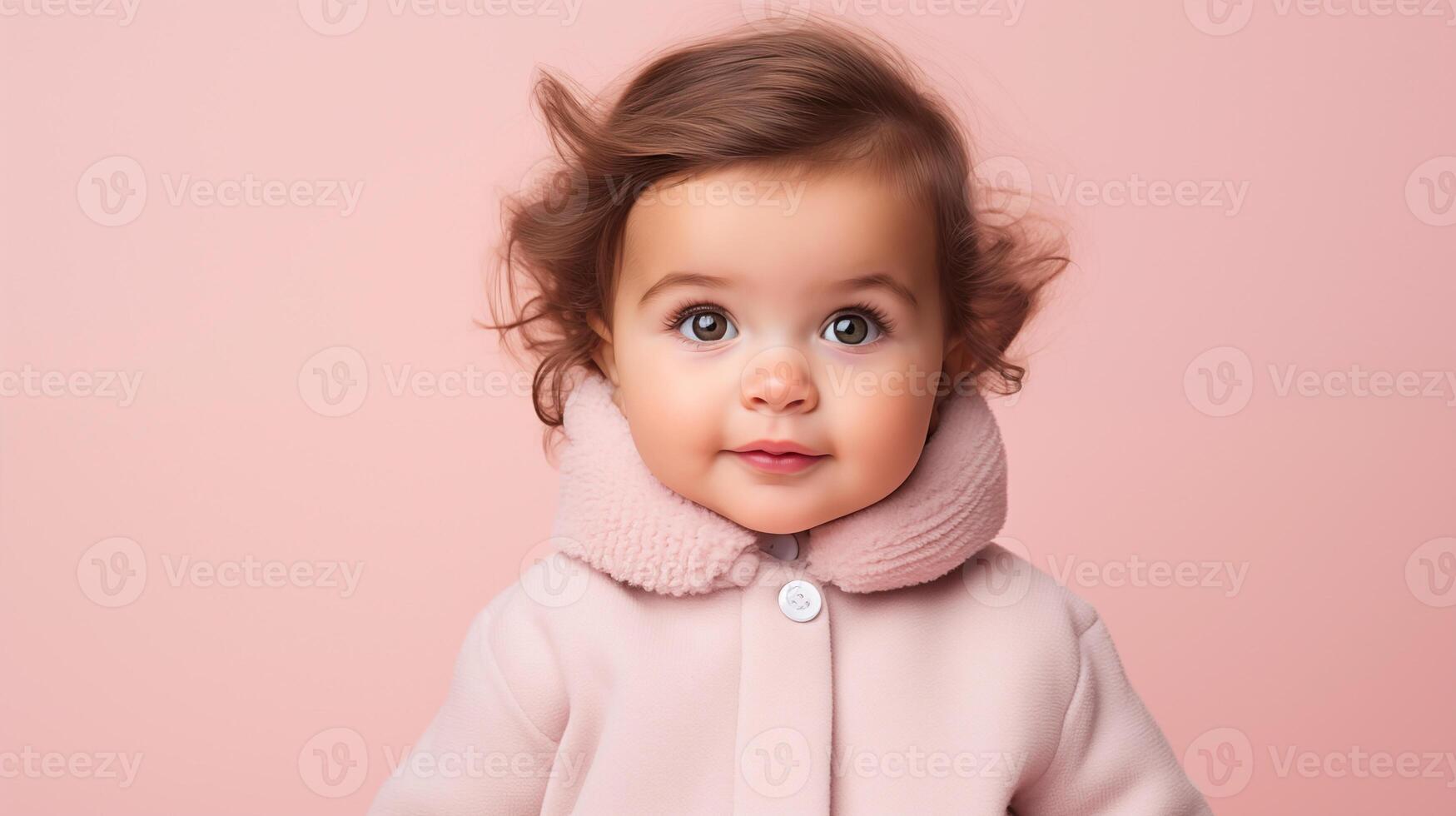 nieuwsgierig jong kind in een roze jas met kamer voor Promotie kopiëren ruimte foto