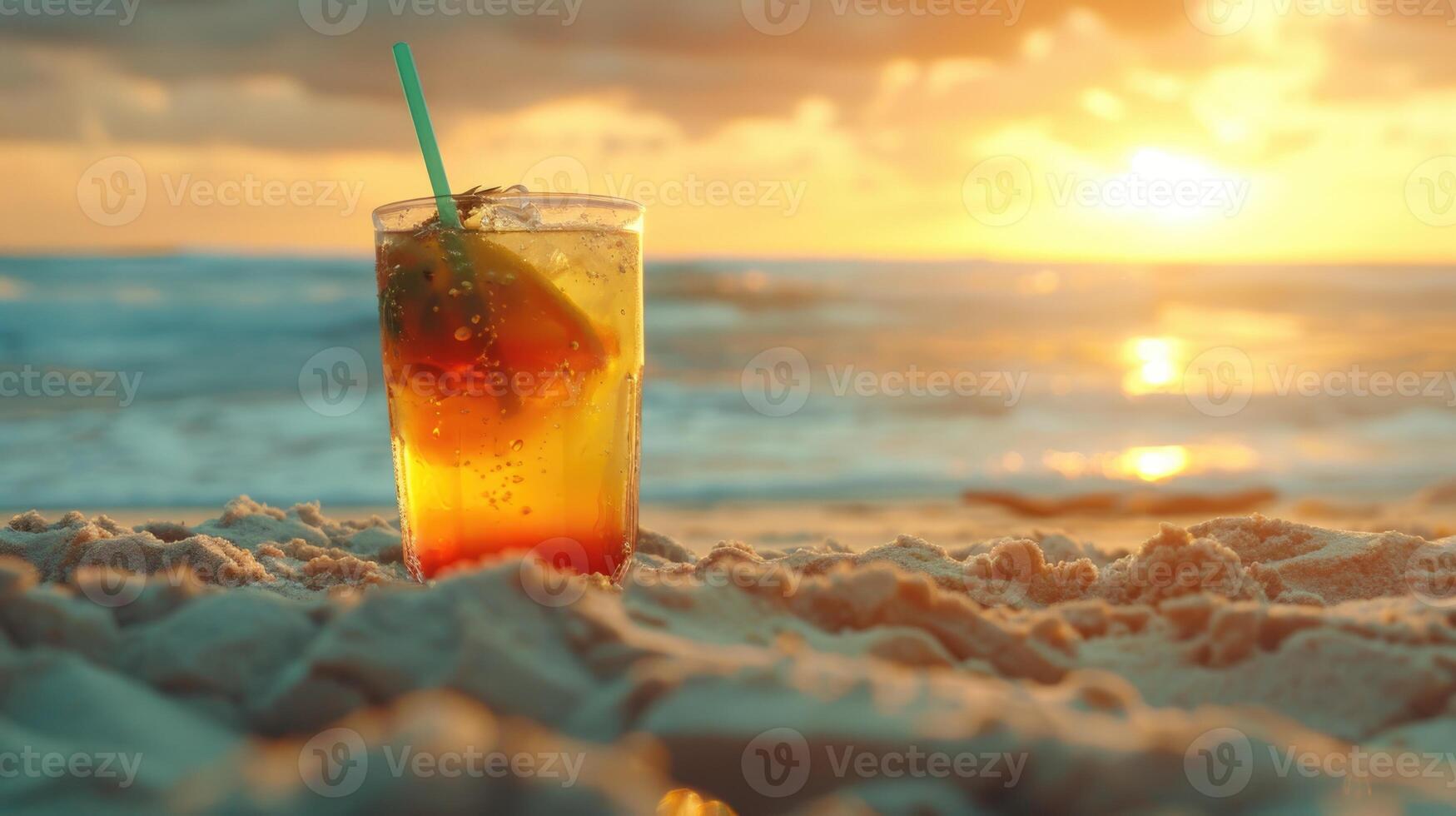 exotisch zomer drinken in zand vervagen strand Aan achtergrond foto