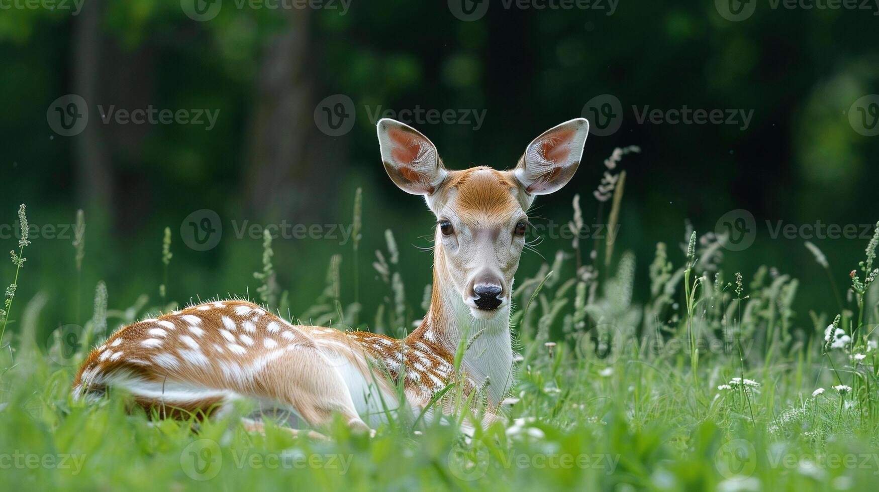 hert resting Aan gras in Woud, rustig dieren in het wild tafereel in natuur foto