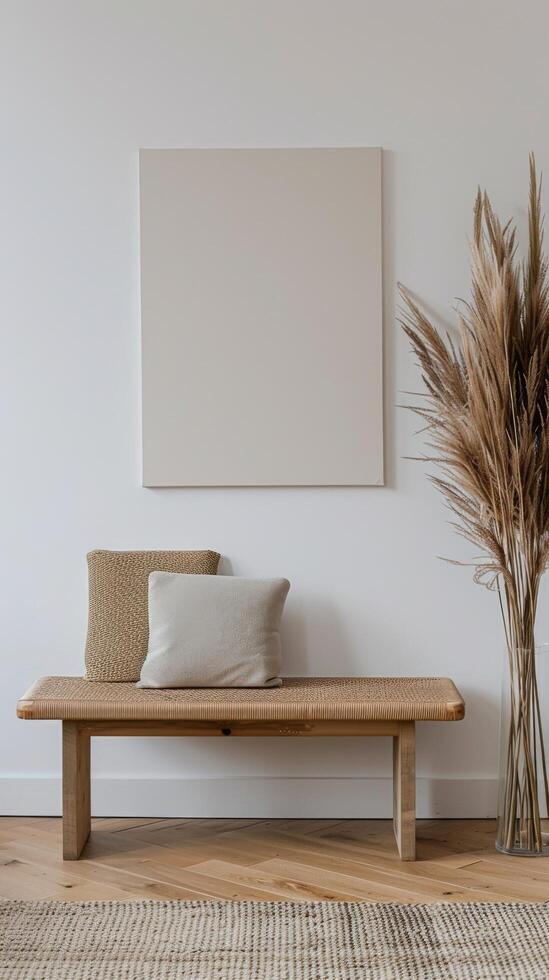 minimalistische bank met canvas muur kunst foto