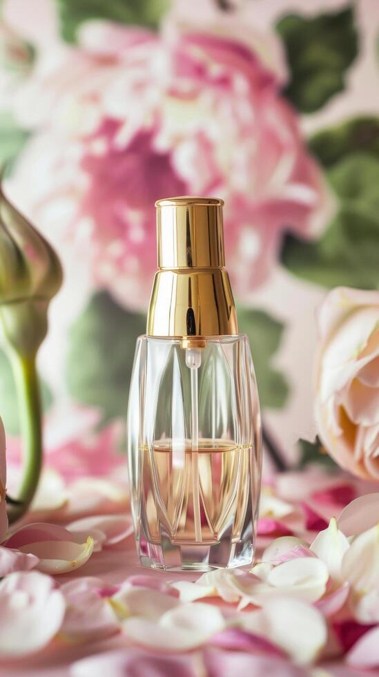 vrouwelijk parfum met bloemen backdrop foto