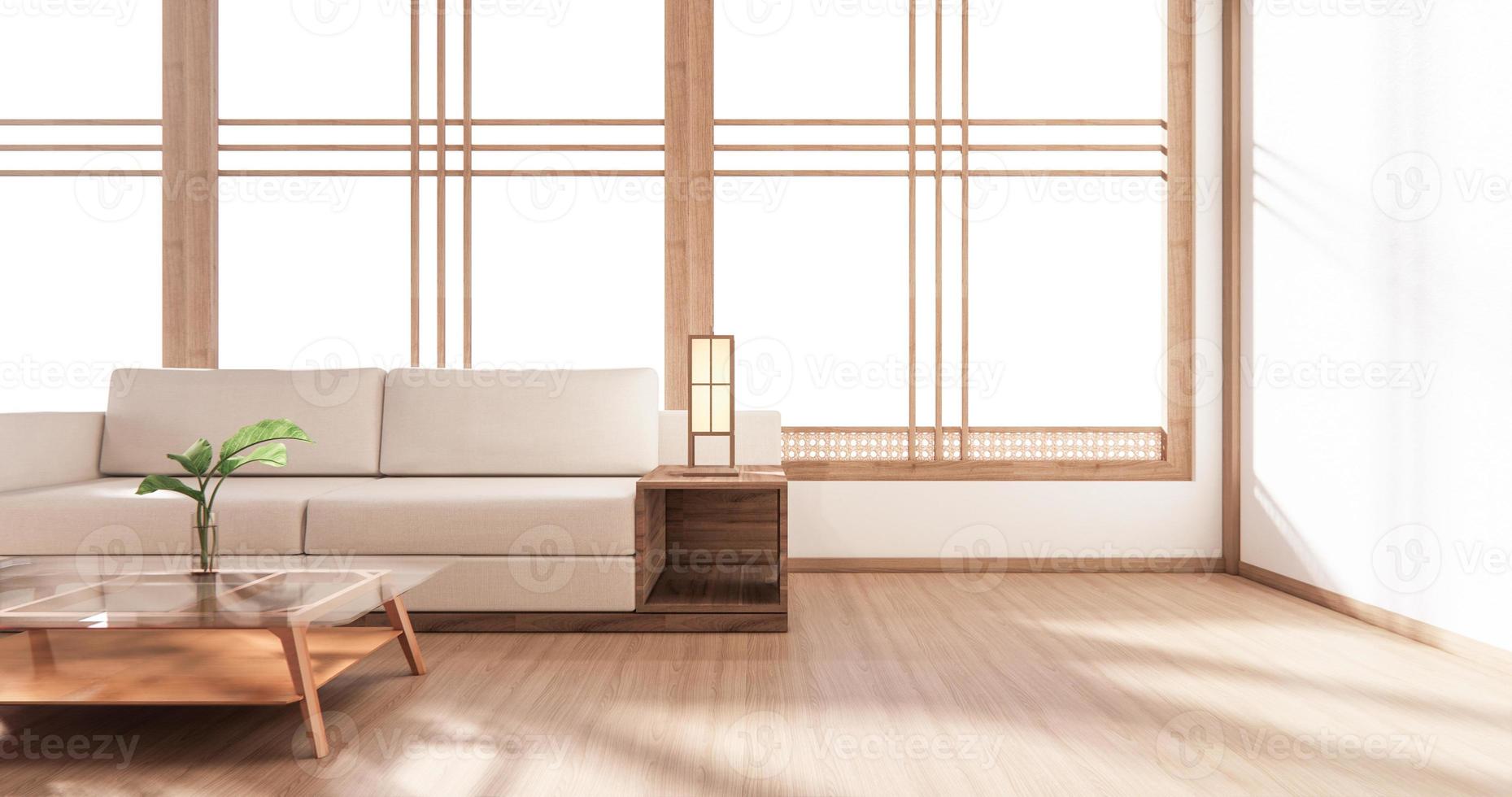 het houten interieur, zen moderne woonkamer Japanse stijl. 3D-rendering foto