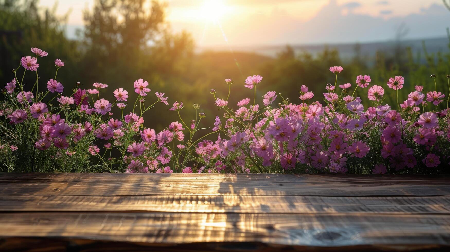houten tafel gedekt met roze bloemen foto