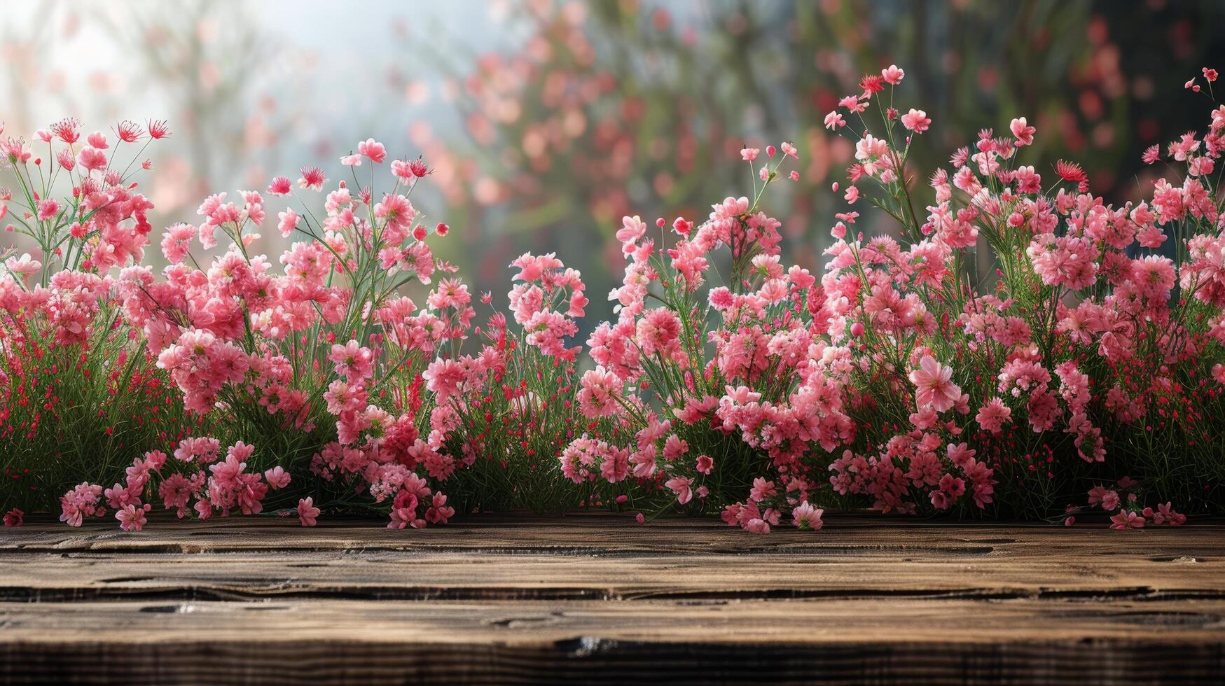 roze bloemen Aan houten tafel foto