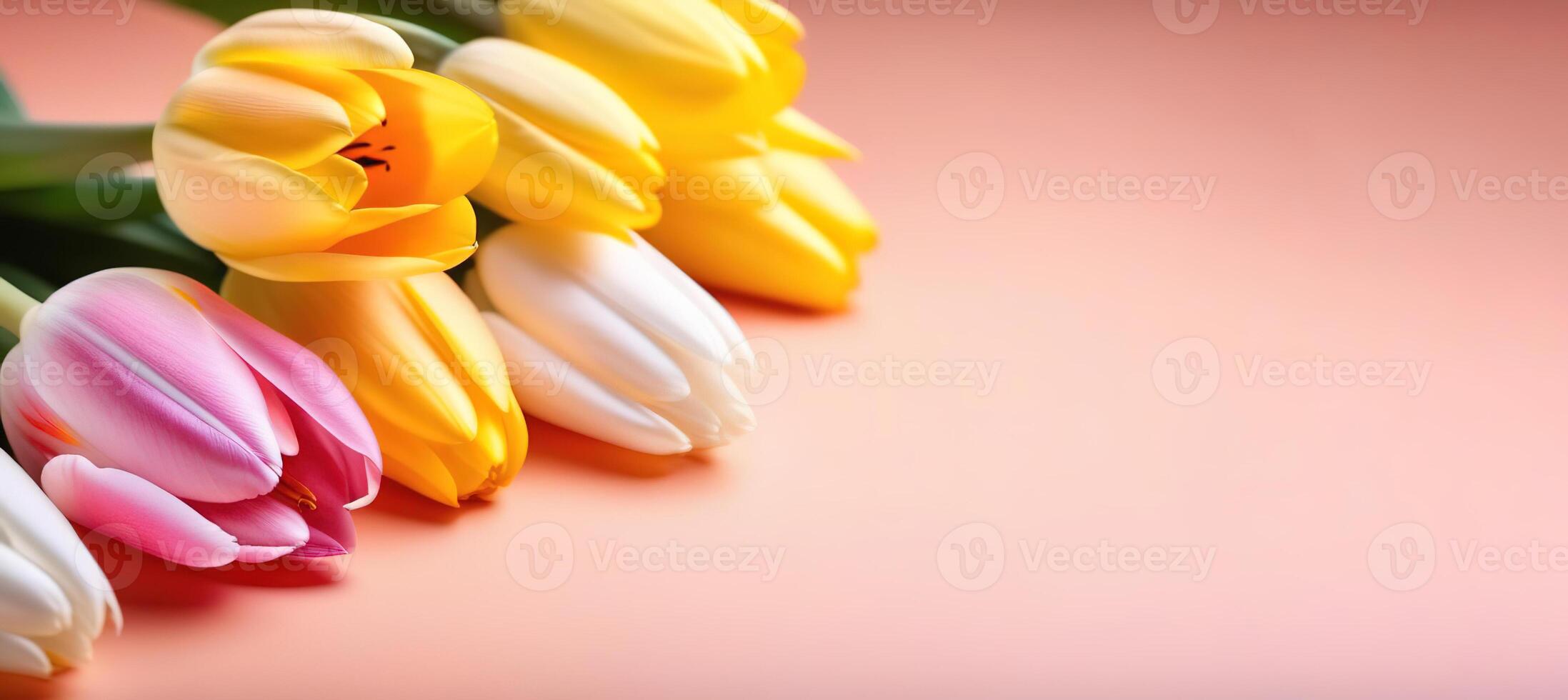 licht koraal perzik kleur tulpen bloemen boeket voorjaar bloemen banier ruimte voor tekst copyspace foto