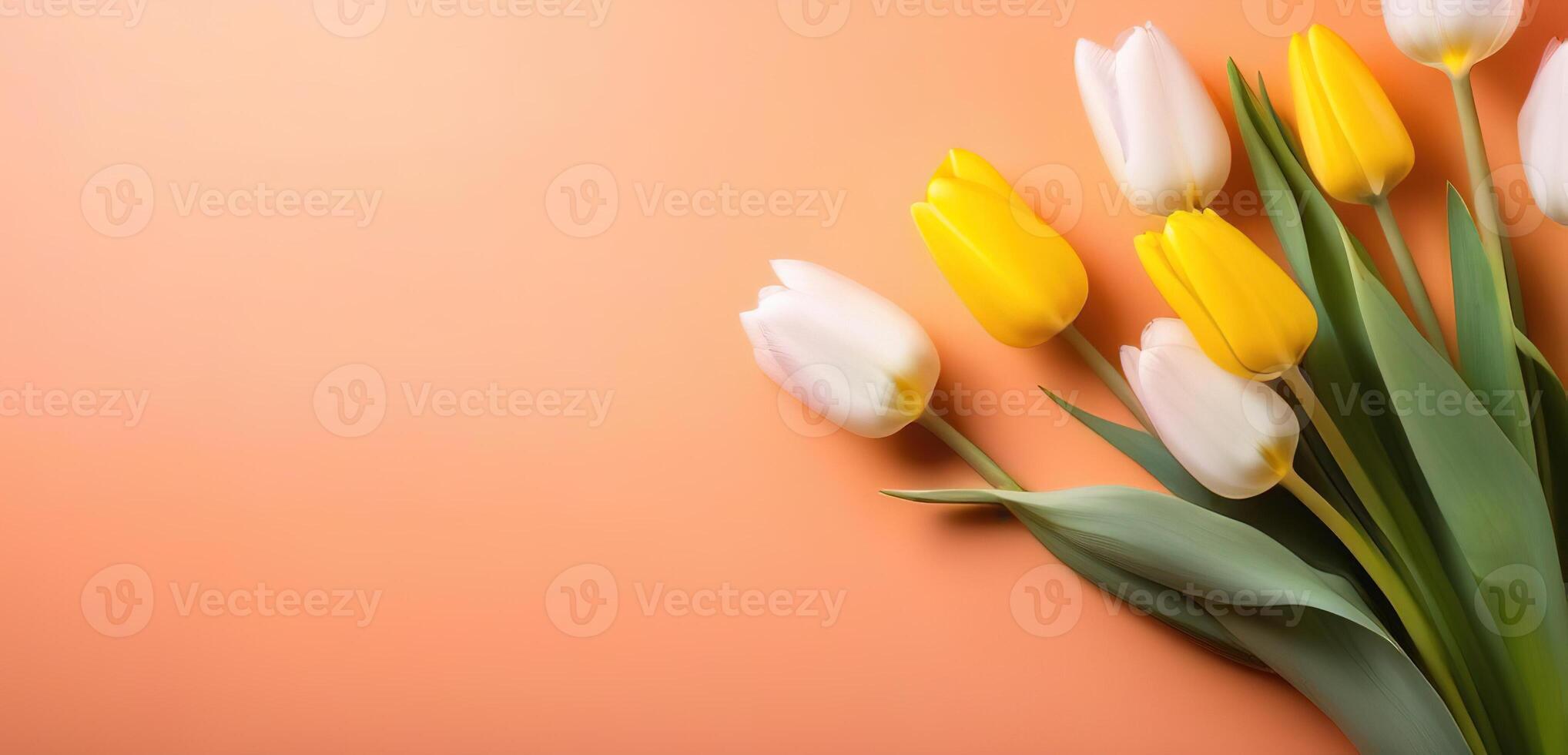 licht koraal perzik kleur tulpen bloemen boeket voorjaar bloemen banier ruimte voor tekst copyspace foto