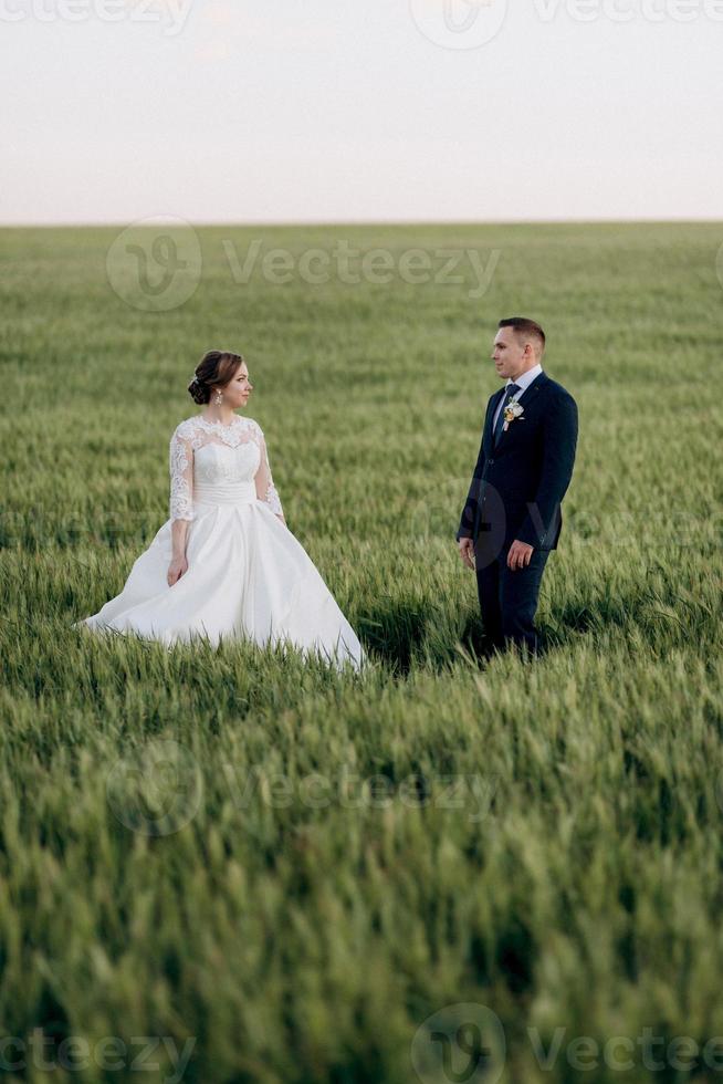 de bruidegom en de bruid lopen langs het tarwegroene veld foto