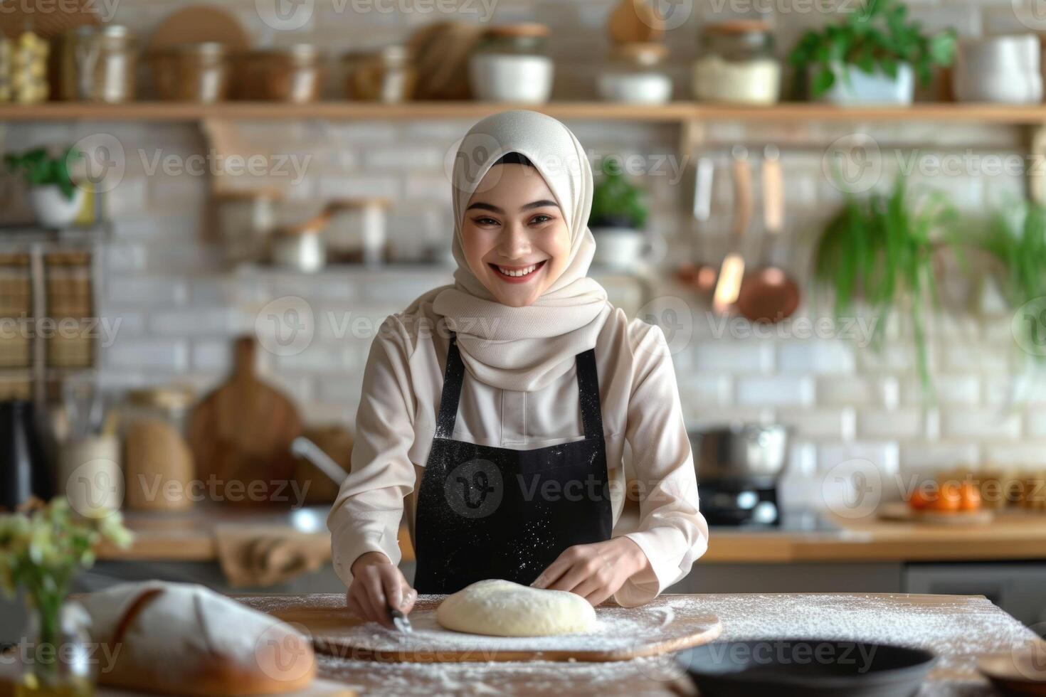 ai gegenereerd moslim vrouw in hijab geniet bakken in keuken. foto