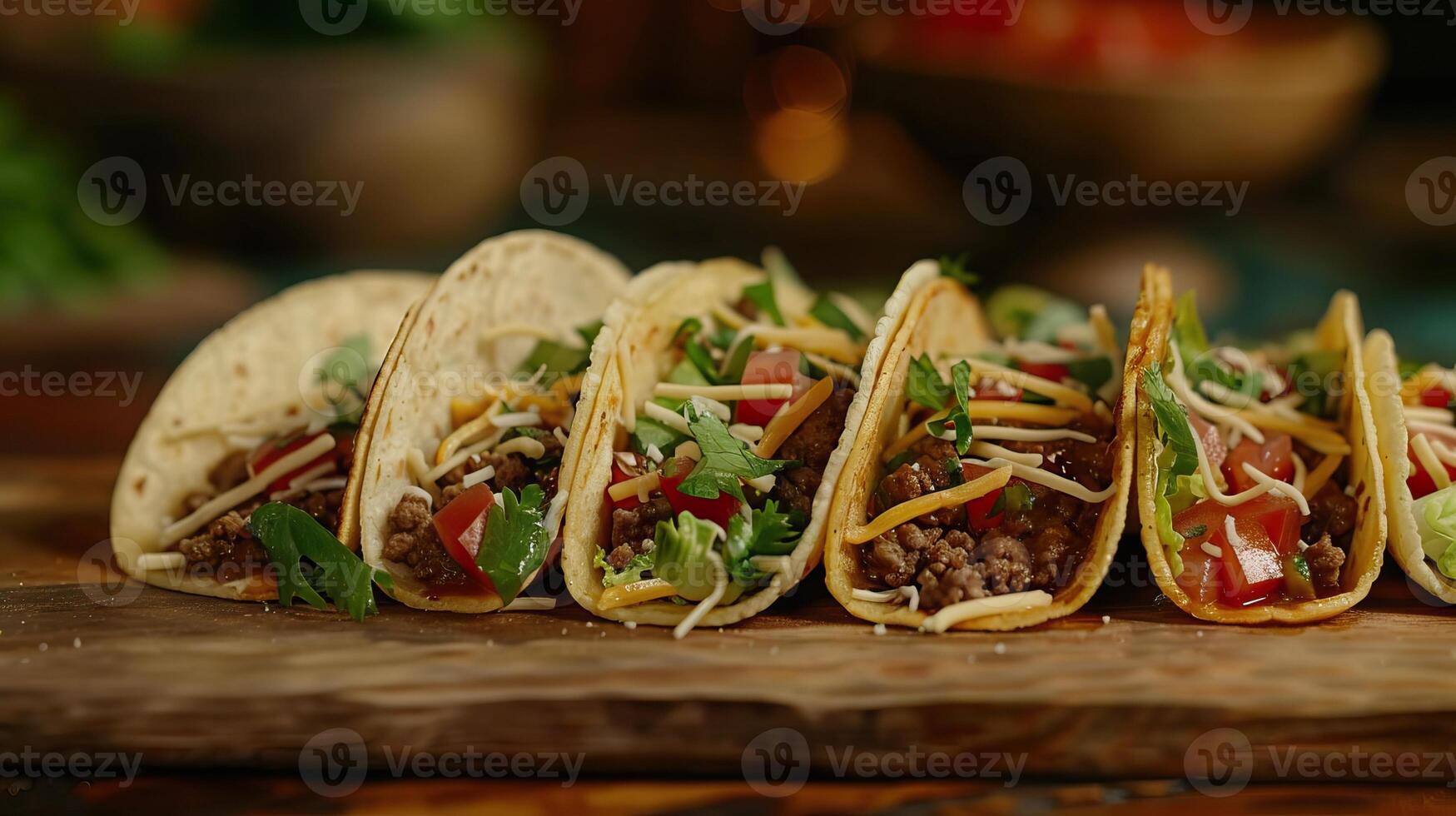ai gegenereerd drie rundvlees taco's met kaas sla en tomaten foto