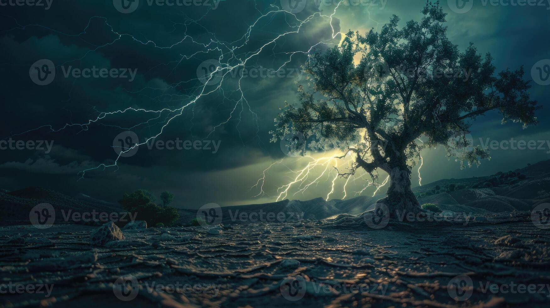 land- naar de grond droog gebarsten en groot boom. met bliksem storm foto