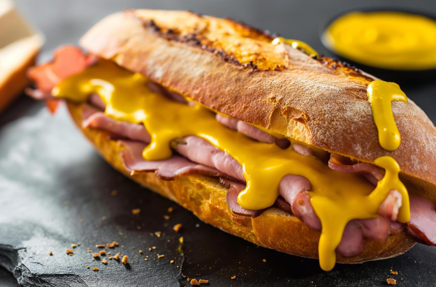 ai gegenereerd ham baguette met mosterd foto