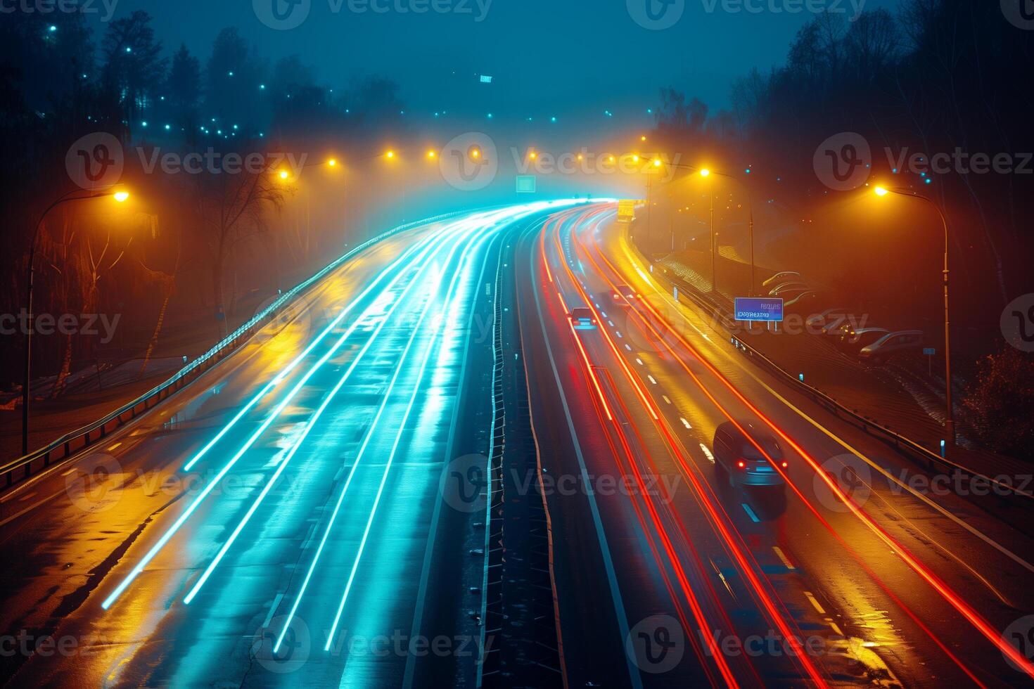 strepen van in beweging auto lichten tegen de backdrop van stad lichten Bij nacht foto