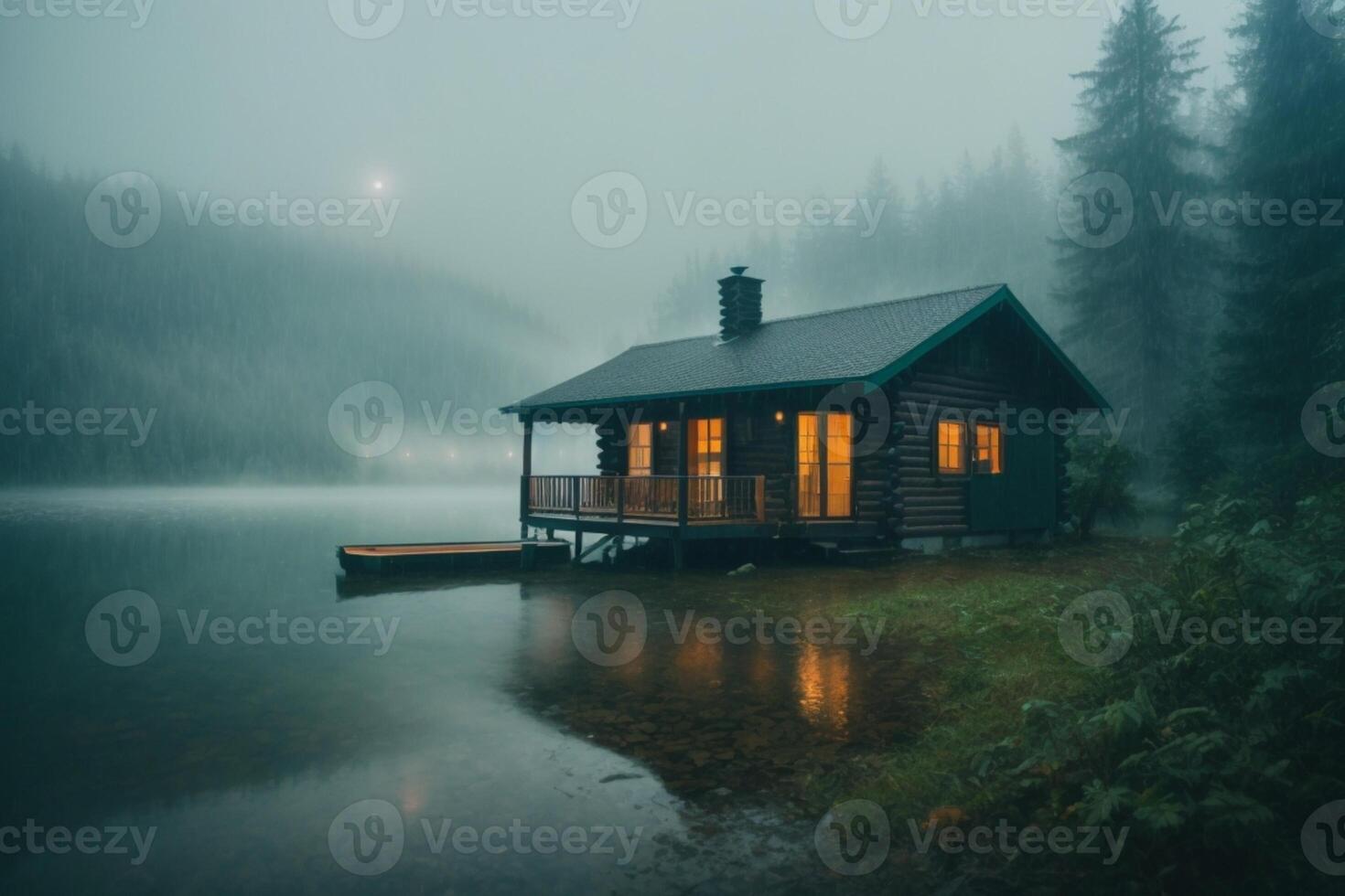 een cabine zit Aan de kust van een meer in de mist foto