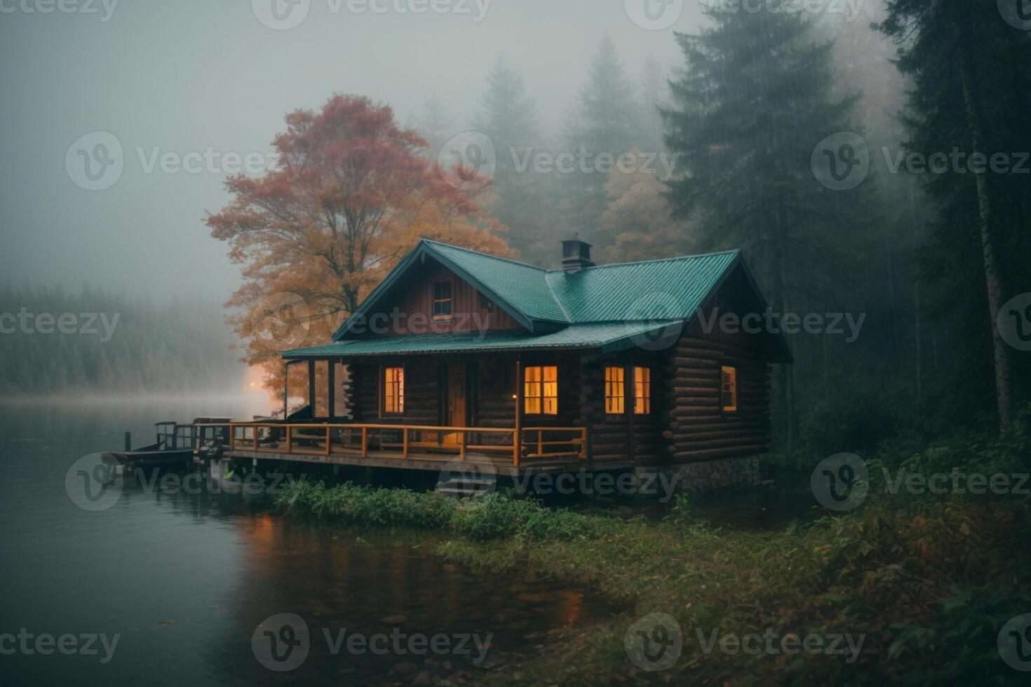 een cabine zit Aan de kust van een meer Bij schemer foto