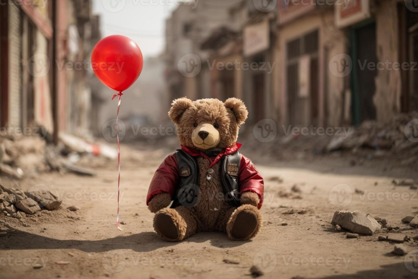 een teddy beer met een rood ballon zit in een vernietigd stad foto