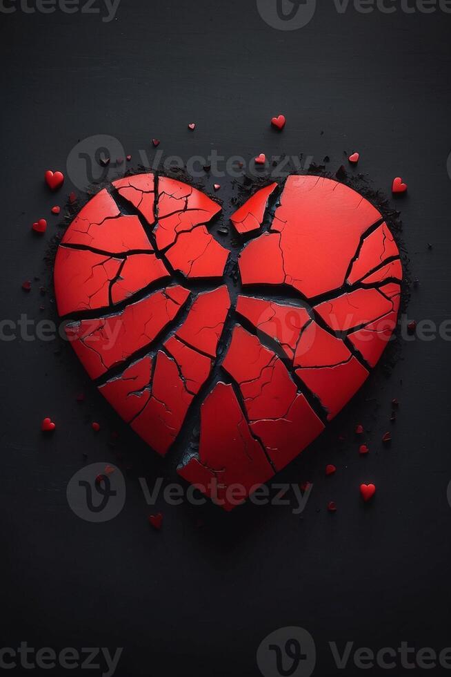 gebroken hart concept met rood hart Aan zwart achtergrond foto