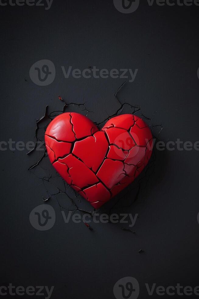 gebroken hart concept met rood hart Aan zwart achtergrond foto