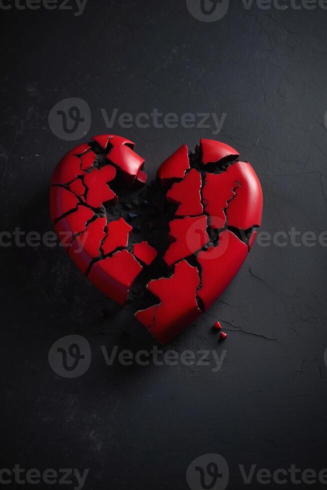 gebroken hart concept met rood hart Aan zwart achtergrond foto