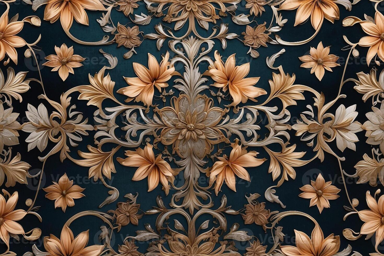 een overladen bloemen patroon Aan een donker blauw achtergrond foto