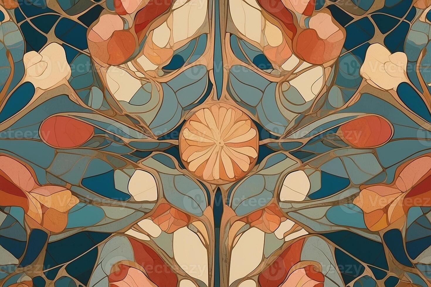 kunst nouveau bloemen patroon in blauw, oranje en bruin foto
