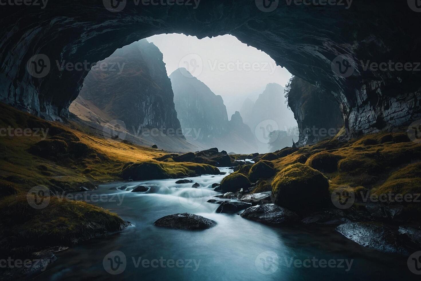 een rivier- stromen door een grot in de bergen foto