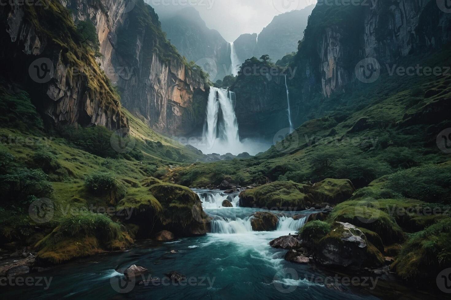 een waterval in de midden- van een groen vallei foto