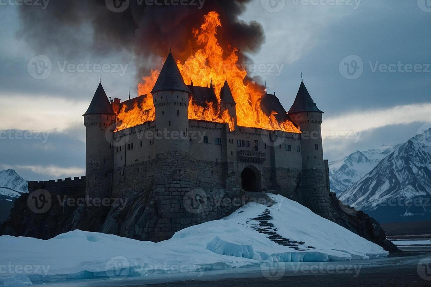 een kasteel is Aan brand in de midden- van de sneeuw foto