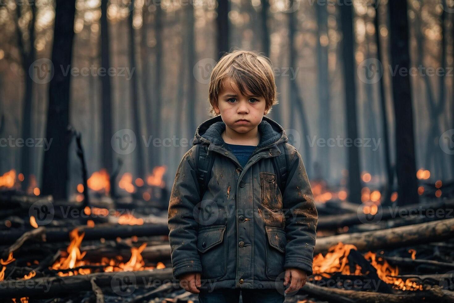 weinig jongen staand in brandend Woud, natuurlijk ramp concept foto