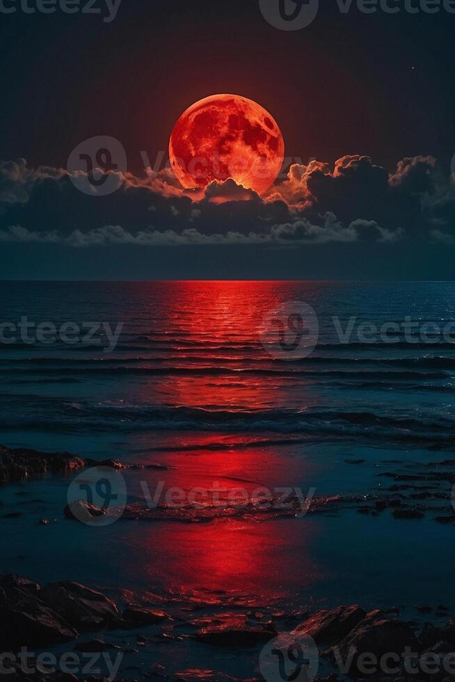 een rood maan stijgt over- de oceaan en de lucht foto