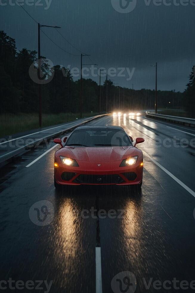 een sport- auto het rijden naar beneden een nat weg Bij nacht foto