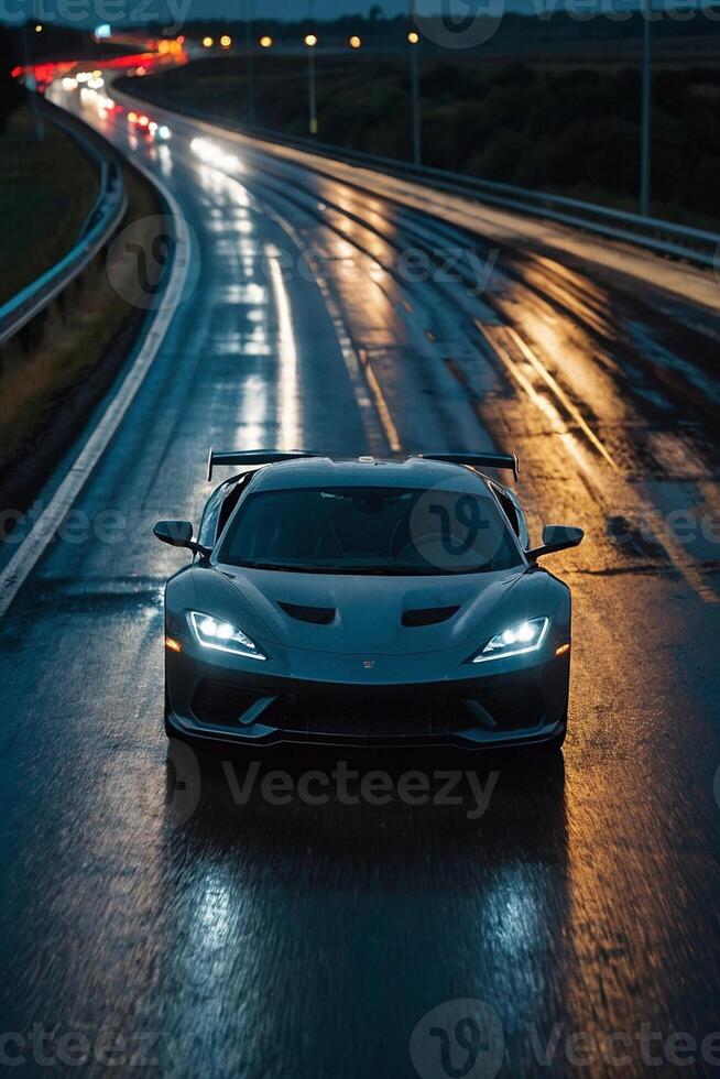 een rood sport- auto het rijden naar beneden een nat weg Bij nacht foto