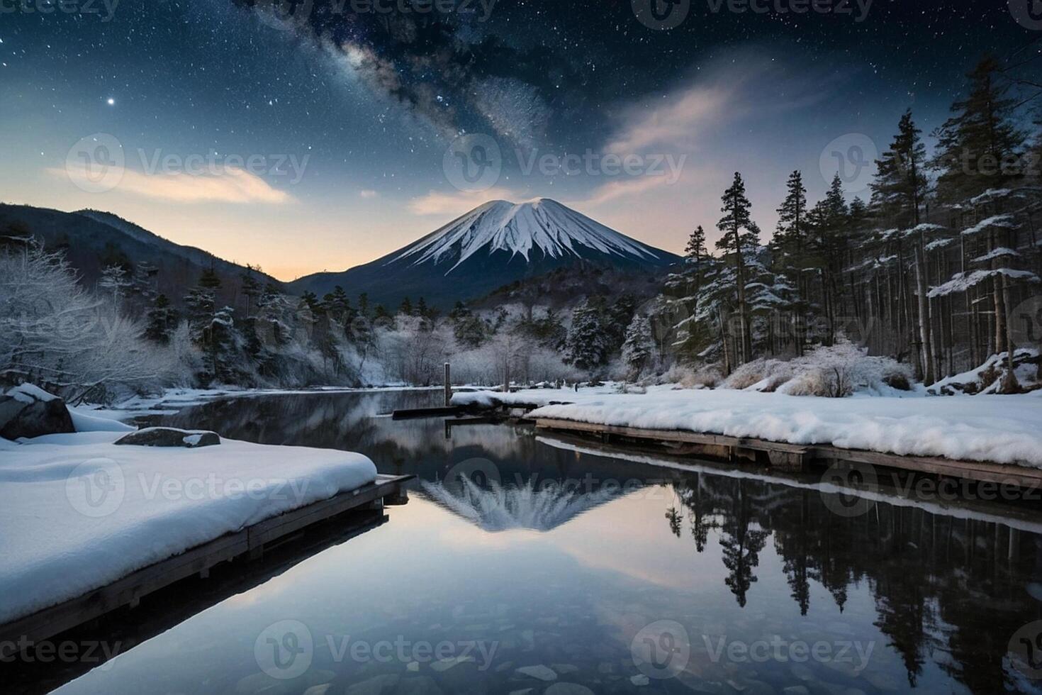 monteren fuji in winter met sneeuw en reflectie foto