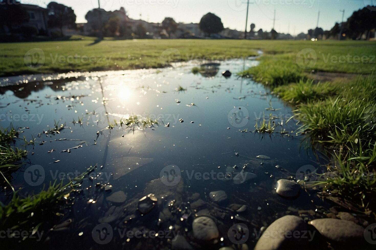 een plas van water in een met gras begroeid veld- foto